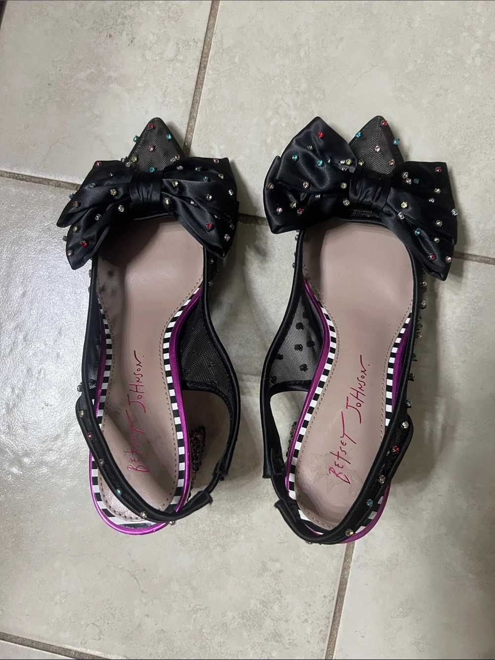 Betsey Johnson colorful embellished mesh bows with leopard block heels.
